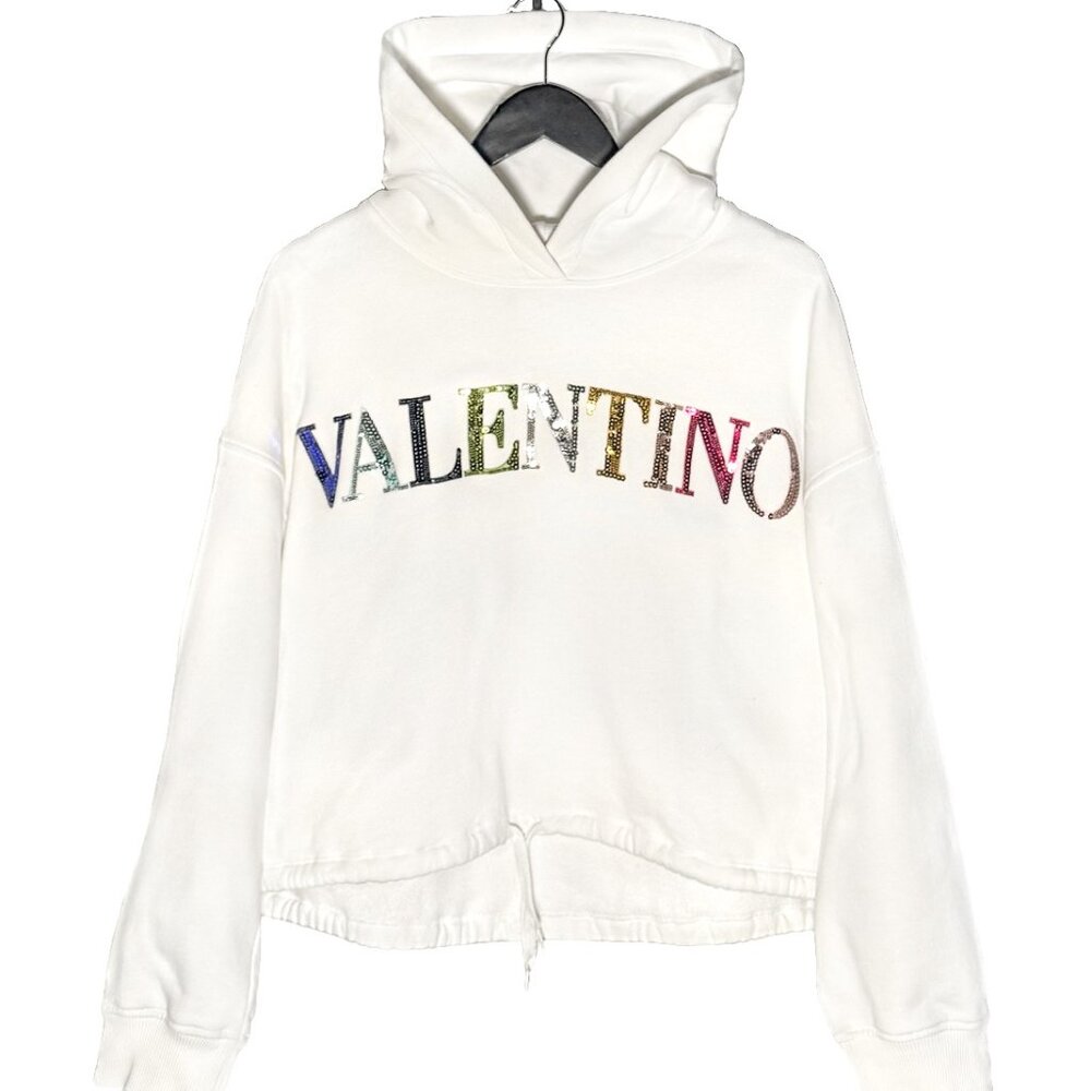 Valentino Rainbow Sequinned Logo White Hoodie